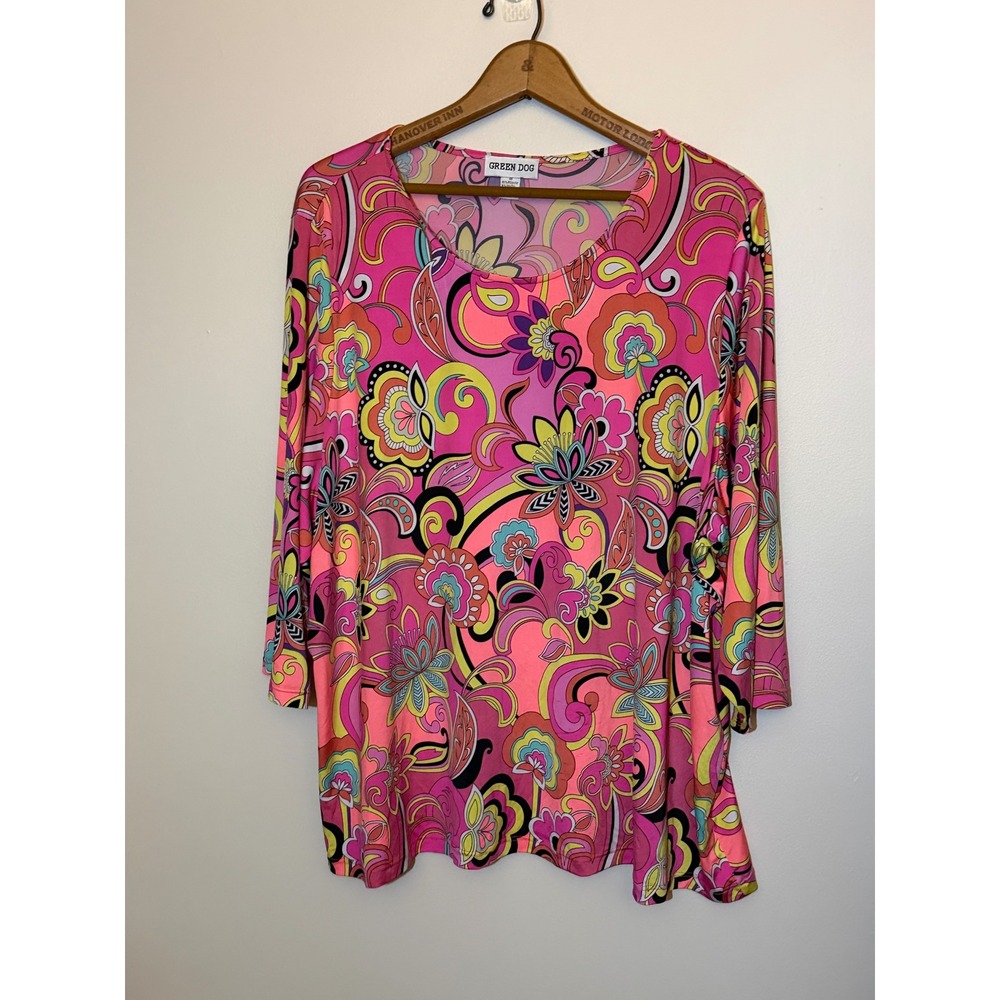 Green Dog Women 3X Pink Psychedelic Floral Paisley 3/4 Sleeve Tunic Top Blouse